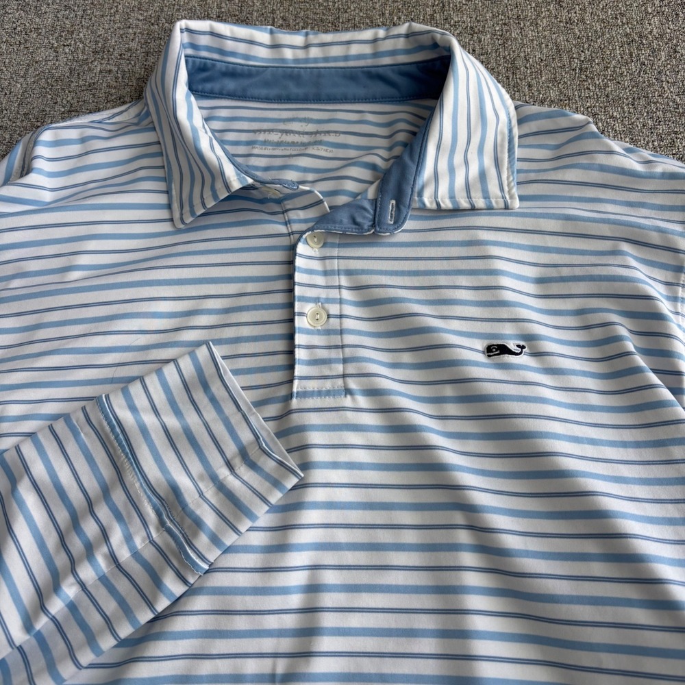 Vineyard Vines Polo Shirt Mens L Performance Blue White Striped Long Sleeve